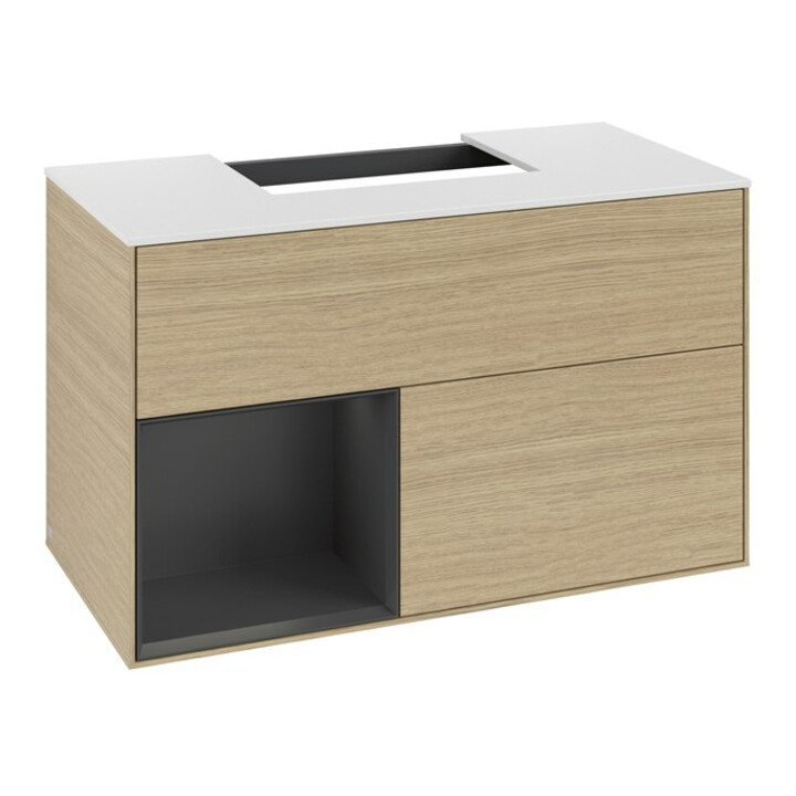 V&B Meuble sous lavabo Finion 100, Pl blanc mat, Tiroir gauche, Gris mat laqué, Oa ven