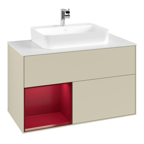 V&B Meuble sous lavabo Finion 100, Pl blanc mat, tiroir gauche Peo, gris moyen laqué