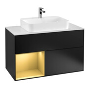 V&B Meuble sous lavabo Finion 100, pl blanc mat, tiroir gauche, poignée bleue mat Lac-1