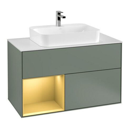 V&B Meuble sous-lavabo Finion 100, pl blanc mat, tiroir gauche, poignée métal, laqué