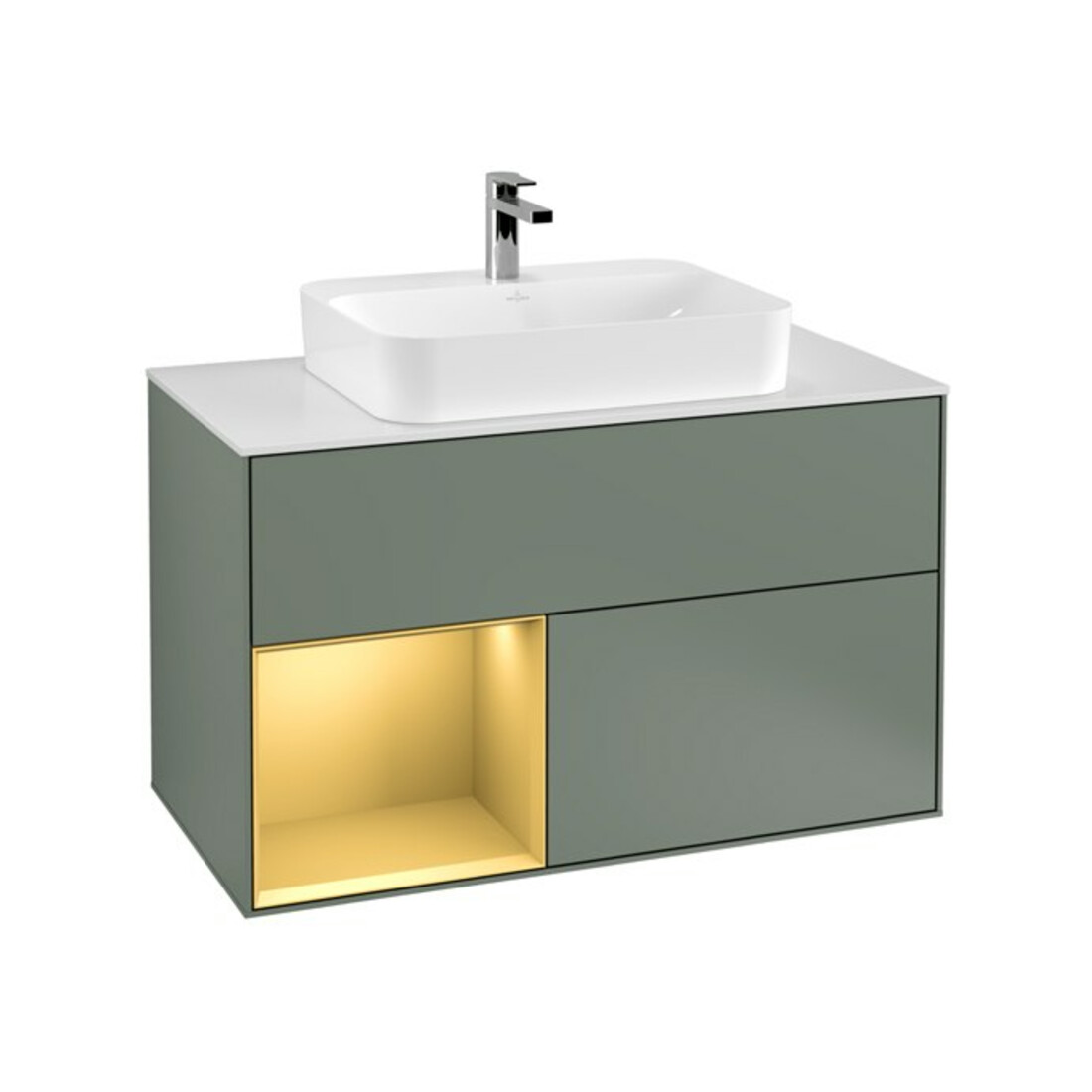 V&B Meuble sous-lavabo Finion 100, pl blanc mat, tiroir gauche, poignée métal, laqué