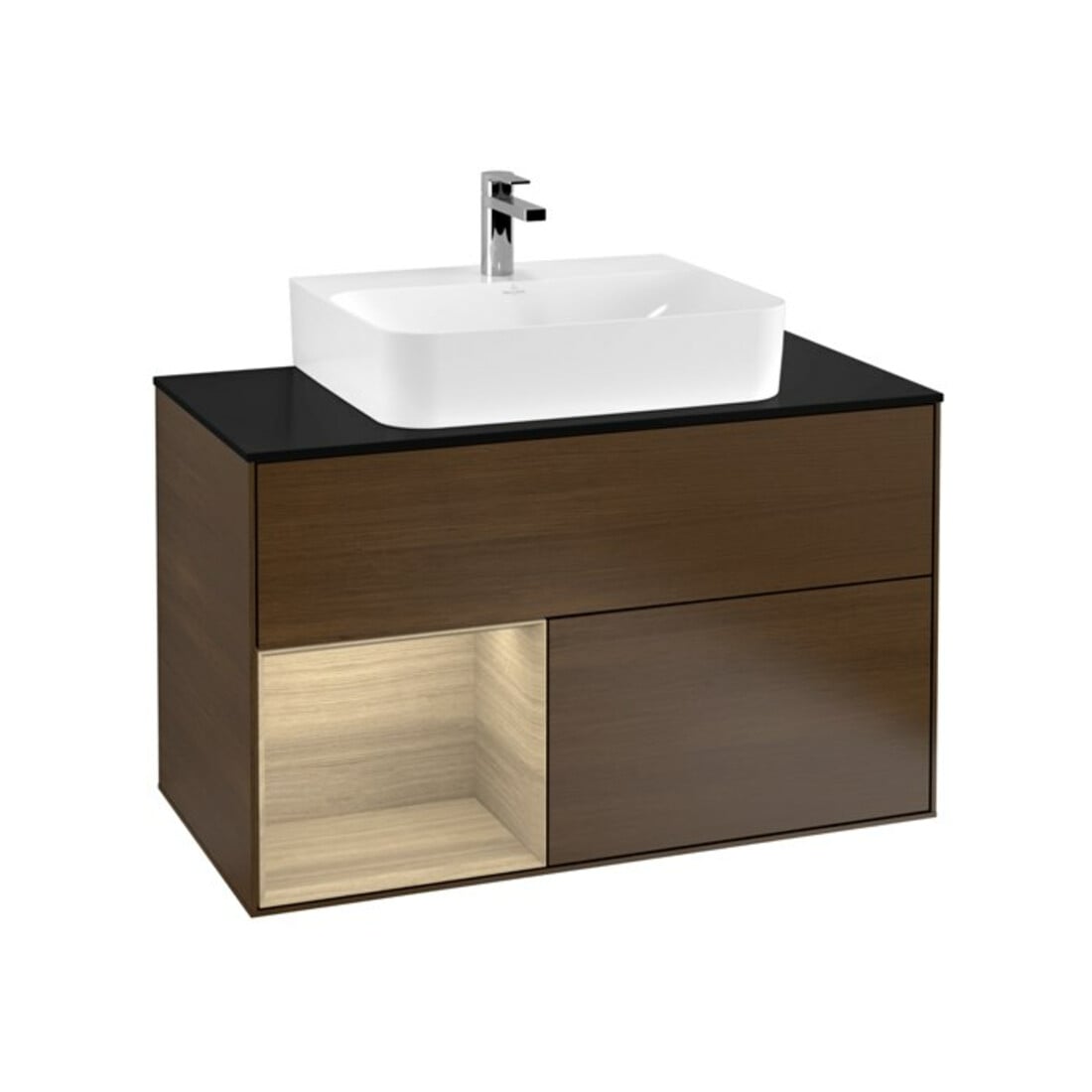 V&B Meuble sous lavabo Finion 100, pl blanc mat, tiroir gauche, veinage chêne
