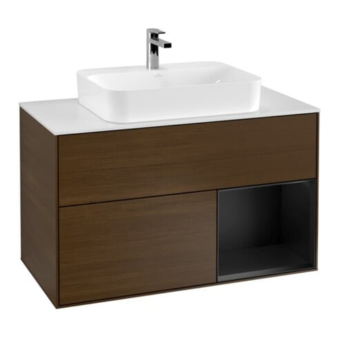 V&B Meuble sous lavabo Finion 100, Pl blanc, rég droite, bleu mat Lac, noyer ven