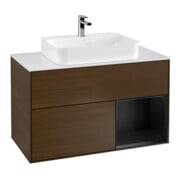 V&B Meuble sous lavabo Finion 100, Pl blanc, rég droite, bleu mat Lac, noyer ven