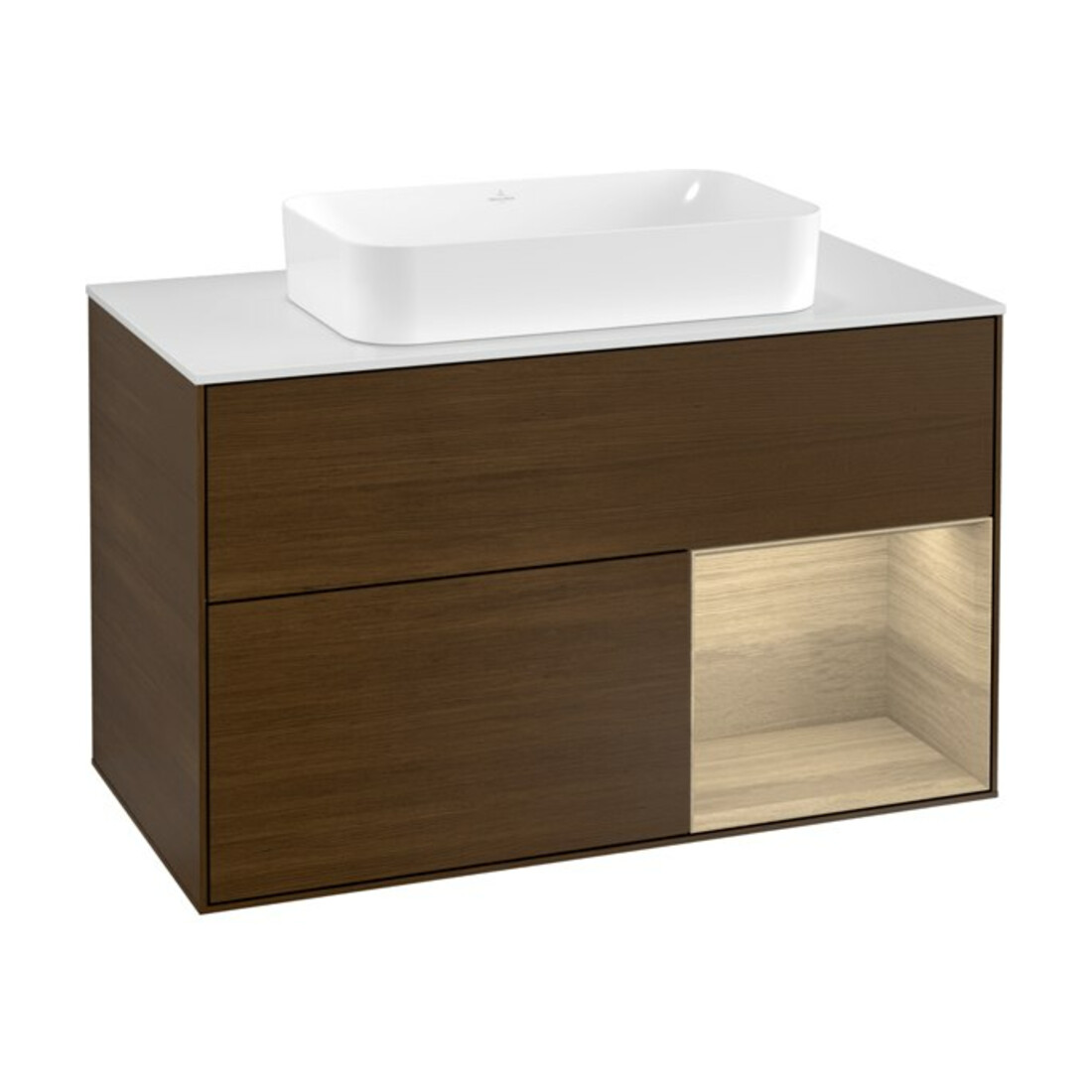 V&B Meuble sous lavabo Finion 100, Pl blanc, rég droite Oa ven, wal ven