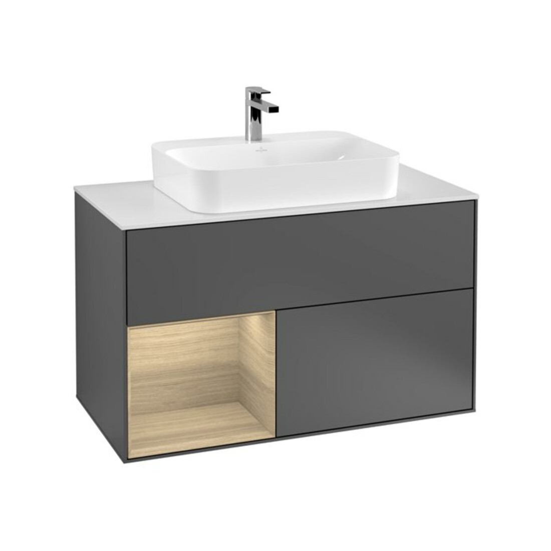 V&B Meuble sous lavabo Finion 100, Pl blanc, rég gauche, Anthracite m, éclairage mural