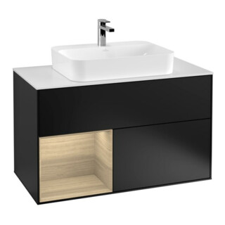 V&B Meuble sous lavabo Finion 100, Pl blanc, rég gauche, éclairage mural, bleu mat Lac