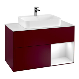 V&B Meuble sous-lavabo Finion 100, Pl blanc, réglette droite, verre blanc Lac, Poignée m