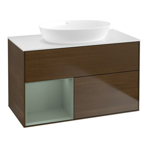 V&B Meuble sous-lavabo Finion 100, Pl blanc, régulateur huile avec laque, noyer veiné