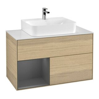 V&B Meuble sous lavabo Finion 100, Pl blanc, tiroir gauche anthracite, éclairage mural Oa ven