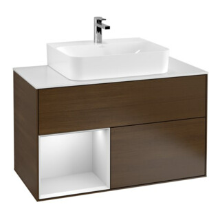 V&B Meuble sous-lavabo Finion 100, Pl blanc, tiroir gauche blanc, laque, noyer veiné