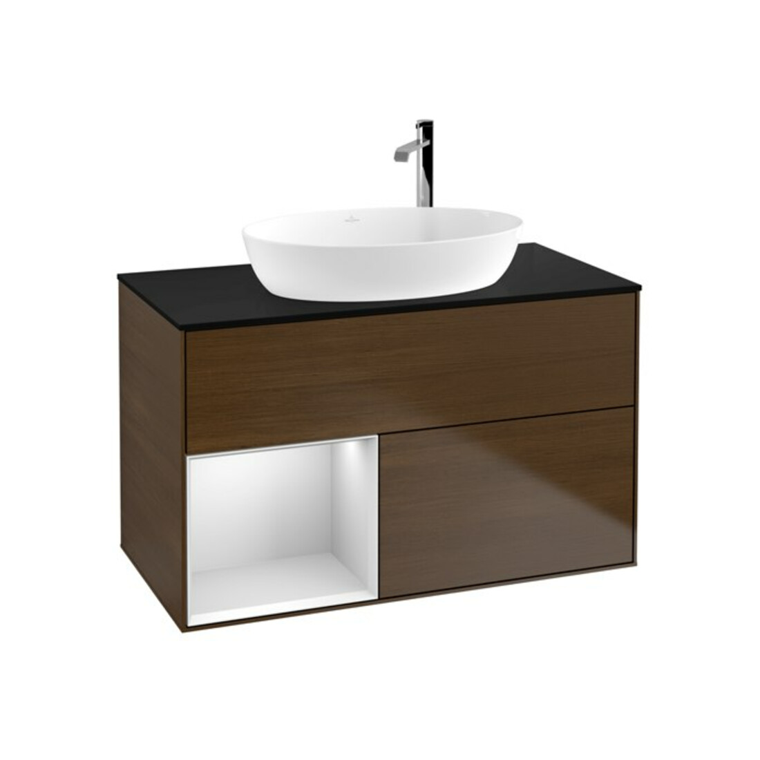 V&B Meuble sous-lavabo Finion 100, Pl bleu, Étagère blanche avec laque, veinage noyer