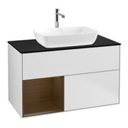 V&B Meuble sous lavabo Finion 100, Pl bleu, étagère en noyer, éclairage mural, blanc mat Lac