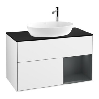 V&B Meuble sous-lavabo Finion 100, Pl bleu m, Étag md m Lac, blc lustré Lac