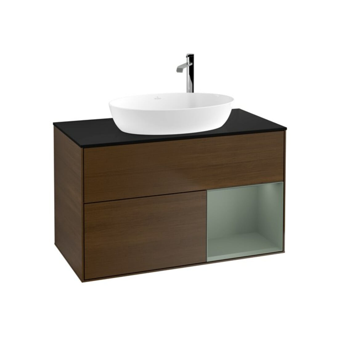 V&B Meuble sous lavabo Finion 100, Pl bleu m, Étag Oli. m Lac, noyer ven