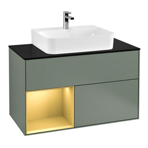 V&B Meuble sous lavabo Finion 100, Pl bleu m, Étagère gauche gol m, Oli. m Lac