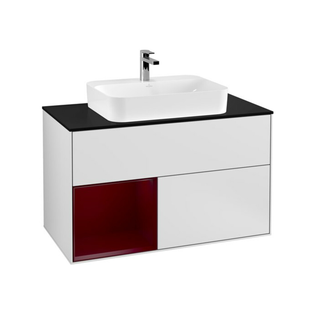 V&B Meuble sous lavabo Finion 100, Pl bleu m, étagère gauche Peo, blanc m Lac