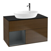 V&B Meuble sous lavabo Finion 100, Pl bleu m, étagère md m Lac, noyer ven