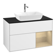 V&B Meuble sous lavabo Finion 100, Pl bleu m, Étagère Oa ven, blanc brillant Lac