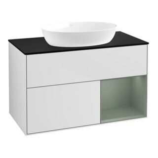V&B Meuble sous lavabo Finion 100, Pl bleu m, étagère Oli. m Lac, blanc m Lac