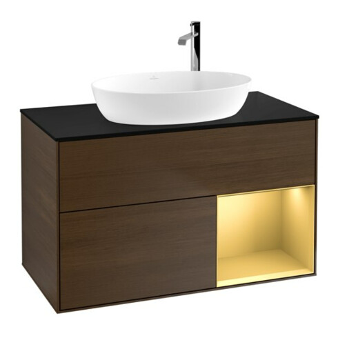 V&B Meuble sous-lavabo Finion 100, Pl bleu m, Étagère or m Lac, noyer ven