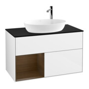 V&B Meuble sous-lavabo Finion 100, Pl bleu m, Étagère wal ven, lum murale, blanc brillant Lac