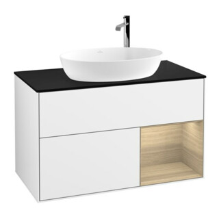 V&B Meuble sous lavabo Finion 100, Pl bleu m, Reg Oa ven, écl blanc laqué