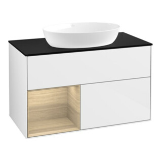 V&B Meuble sous lavabo Finion 100, Pl bleu m, Reg Oa ven, lum murale, blanc brillant Lac