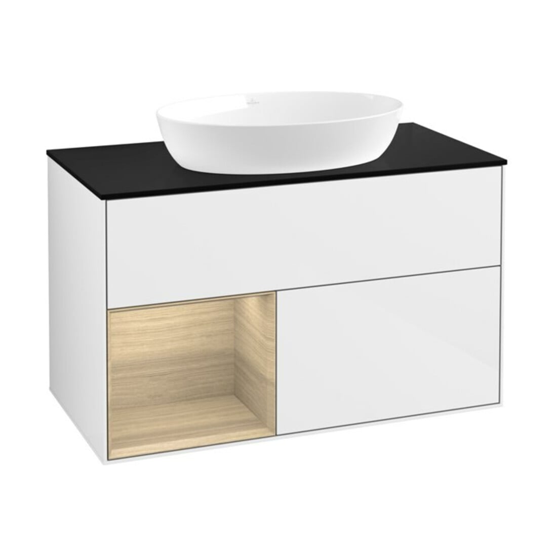 V&B Meuble sous lavabo Finion 100, Pl bleu m, Reg Oa ven, lum murale, blanc brillant Lac