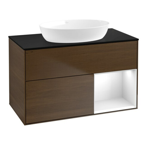 V&B Meuble sous lavabo Finion 100, Pl bleu mat, Étagère blanc brillant, Lac, noyer veinée