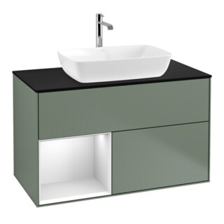 V&B Meuble sous lavabo Finion 100, Pl bleu mat, étagère blanc mat laqué, olivier mat laqué