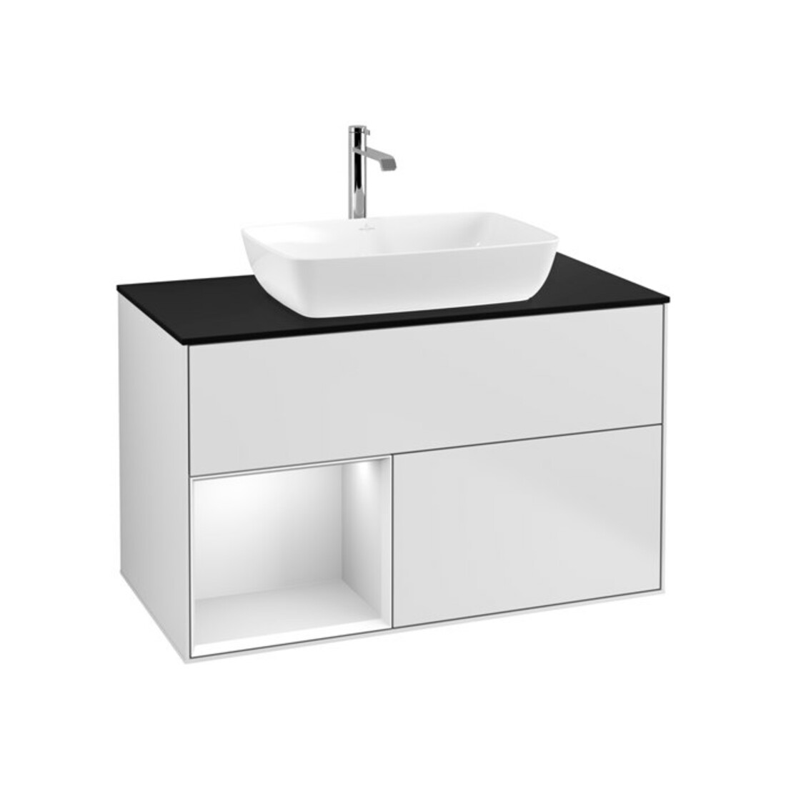 V&B Meuble sous lavabo Finion 100, Pl bleu mat, Étagère blanche mat laquée