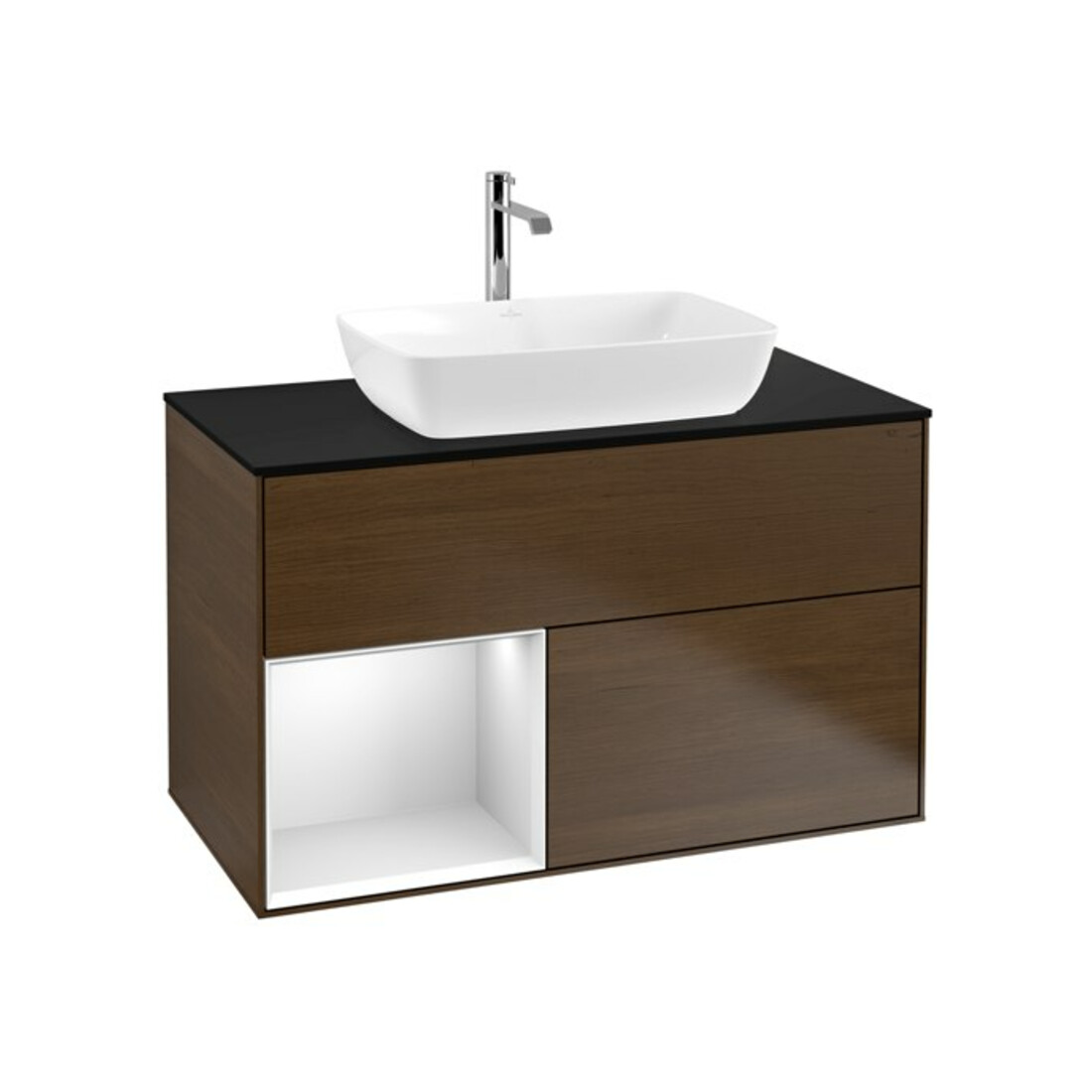 V&B Meuble sous-lavabo Finion 100, Pl bleu mat, Étagère blanche mat, placage noyer