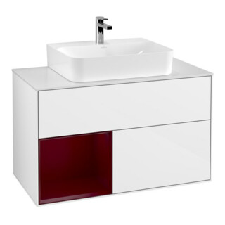 V&B Meuble sous lavabo Finion 100, Pl bleu mat, étagère gauche Peo, blanc brillant Lac