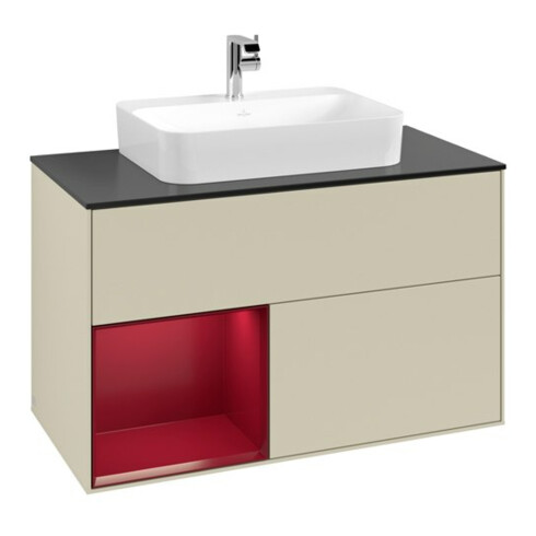 V&B Meuble sous lavabo Finion 100, Pl bleu mat, étagère gauche, poignée gris mat laqué