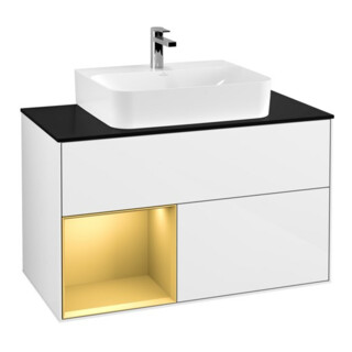 V&B Meuble sous lavabo Finion 100, Pl bleu mat, Étagère gauche, poignée mat, blanc brillant
