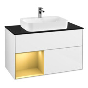 V&B Meuble sous lavabo Finion 100, Pl bleu mat, Étagère gauche, poignée métal, blanc brillant
