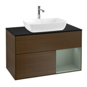 V&B Meuble sous lavabo Finion 100, Pl bleu mat, étagère huile avec laque, noyer veinée