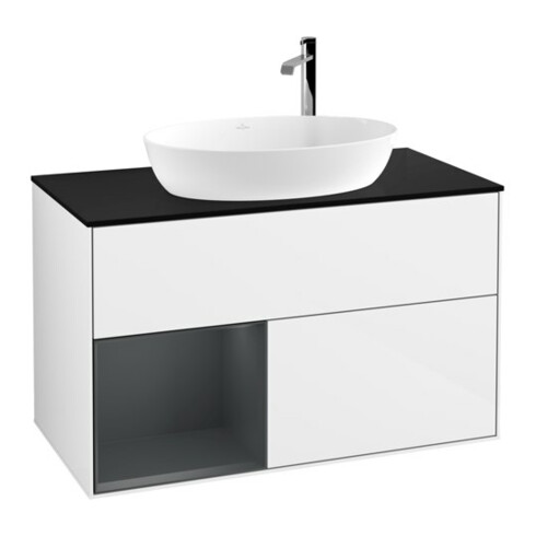 V&B Meuble sous-lavabo Finion 100, Pl bleu mat, étagère médium mat, laque blanc brillant