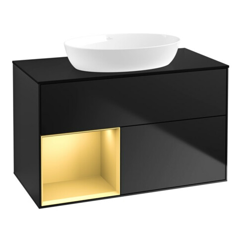 V&B Meuble sous lavabo Finion 100, Pl bleu mat, étagère or mat laqué, bleu mat laqué