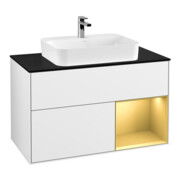 V&B Meuble sous lavabo Finion 100, Pl bleu mat, étagère réglable, éclairage mural blanc brillant Lac