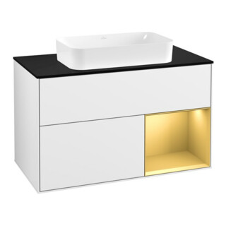 V&B Meuble sous lavabo Finion 100, Pl bleu mat, étagère réglable mat, blanc brillant lacqué