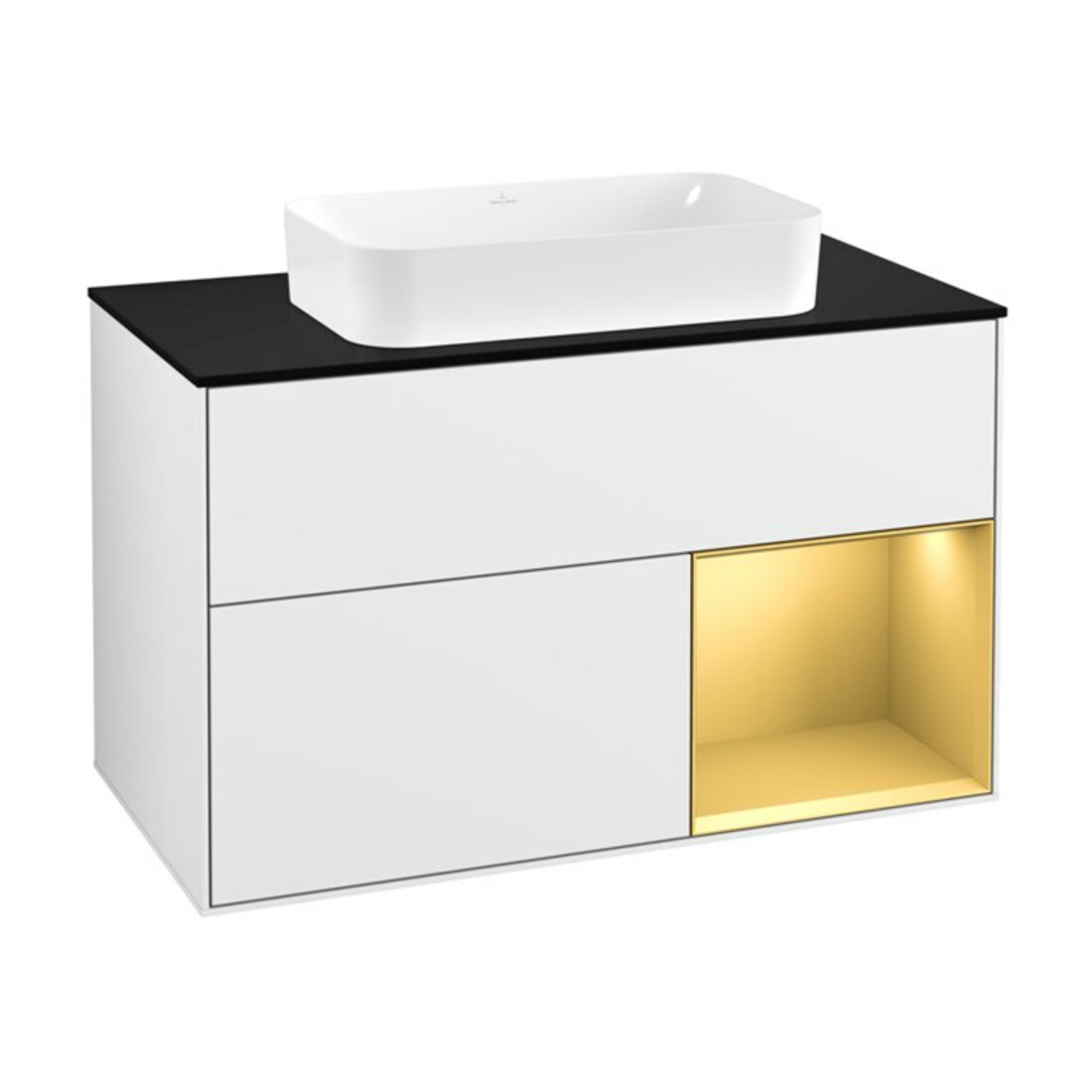 V&B Meuble sous lavabo Finion 100, Pl bleu mat, étagère réglable mat, blanc brillant lacqué