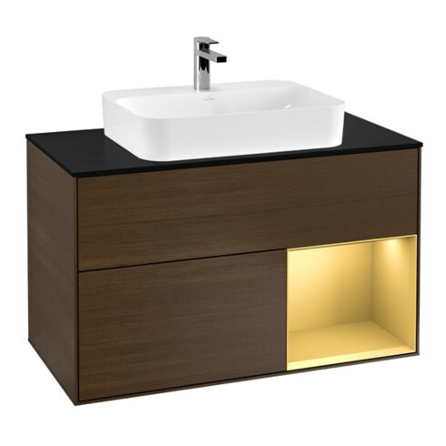 V&B Meuble sous lavabo Finion 100, Pl bleu mat, étagère réglable, noyer veneer