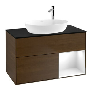 V&B Meuble sous lavabo Finion 100, Pl bleu mat, porte verre blanc, laqué, noyer veinée