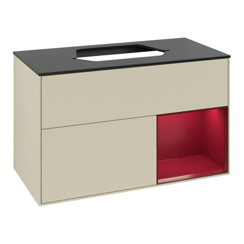 V&B Meuble sous lavabo Finion 100, Pl bleu mat, Reg droite Peo, si Gris mat Lac