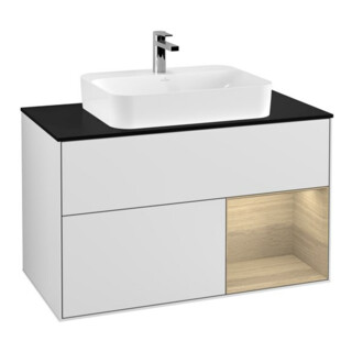 V&B Meuble sous-lavabo Finion 100, Pl bleu mat, rég droite, ven Oa, blanc mat laqué