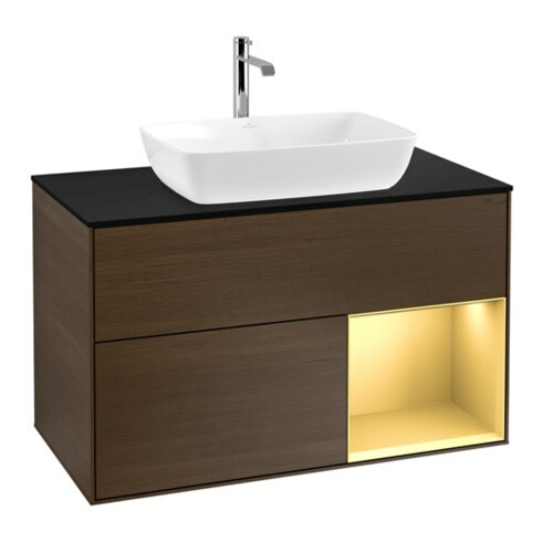 V&B Meuble sous lavabo Finion 100, Pl bleu mat, Réglette dorée mat, noyer veiné