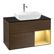 V&B Meuble sous lavabo Finion 100, Pl bleu mat, Réglette dorée mat, noyer veiné