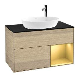 V&B Meuble sous lavabo Finion 100, Pl bleu mat, Réglette dorée mat, Oa ven